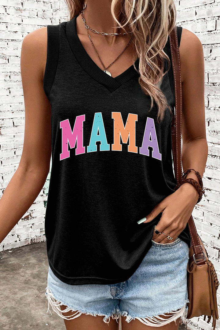 Colorful “MAMA” V-Neck Tank (Black)