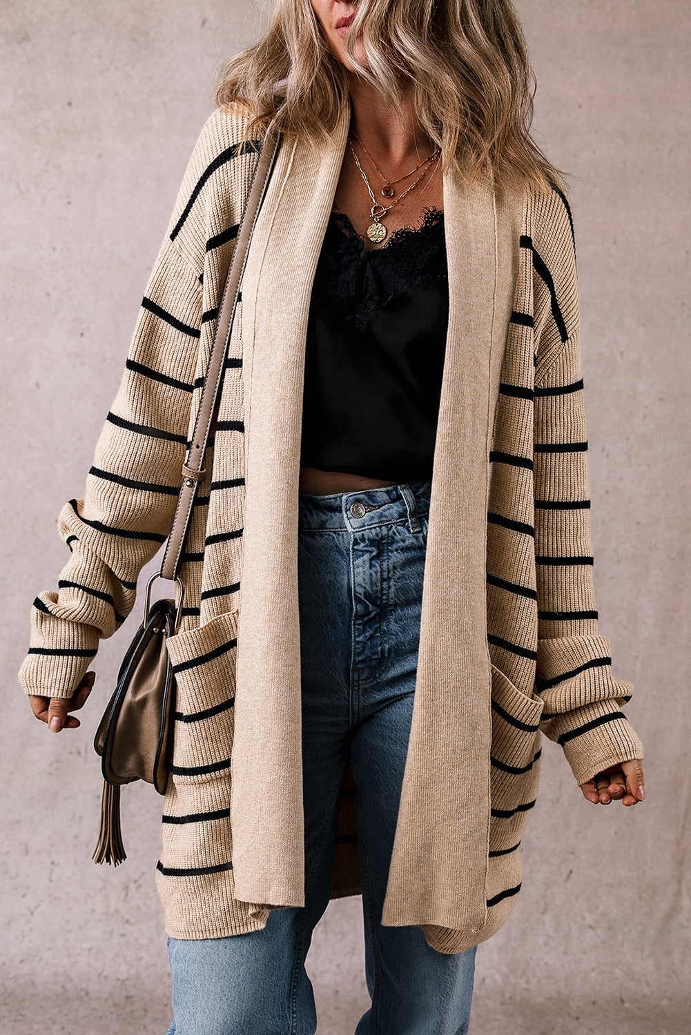 Harbor Stripe Cozy Open-Front Cardigan (Sand & Ink)