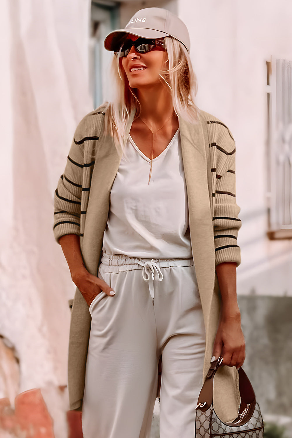 Harbor Stripe Cozy Open-Front Cardigan (Sand & Ink)