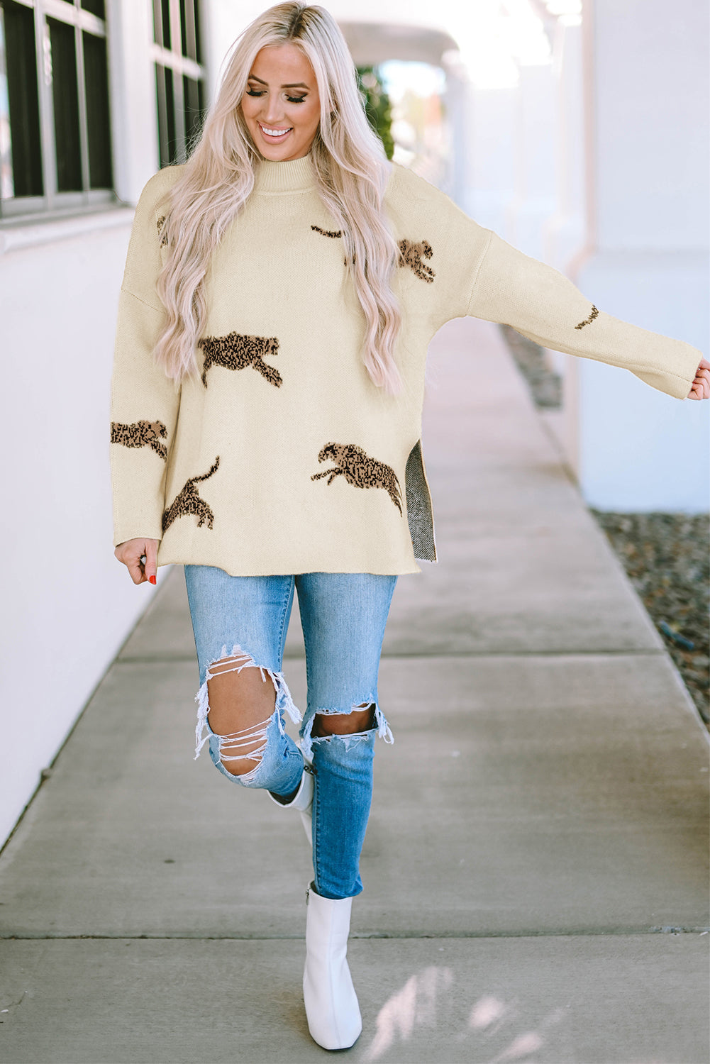 Wild Runway Mock-Neck Sweater – Cream Leopard Knit