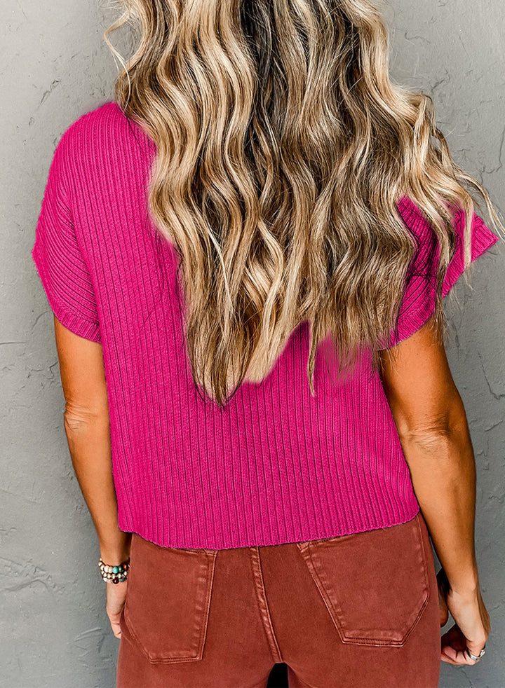 Fuchsia Flare Ribbed Knit Top – Chic Mock Neck Sweater Tee
