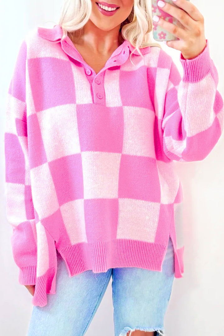 Checkmate Chic Pink Checkered Collared Sweater