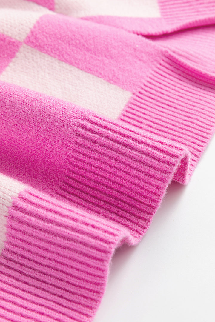 Checkmate Chic Pink Checkered Collared Sweater