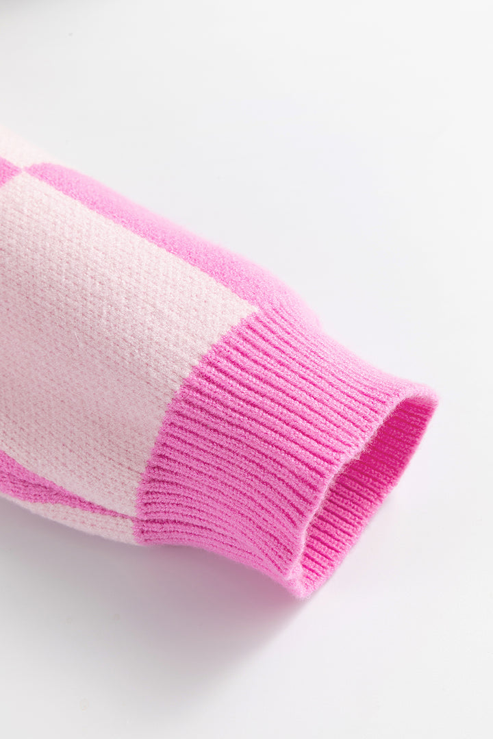 Checkmate Chic Pink Checkered Collared Sweater