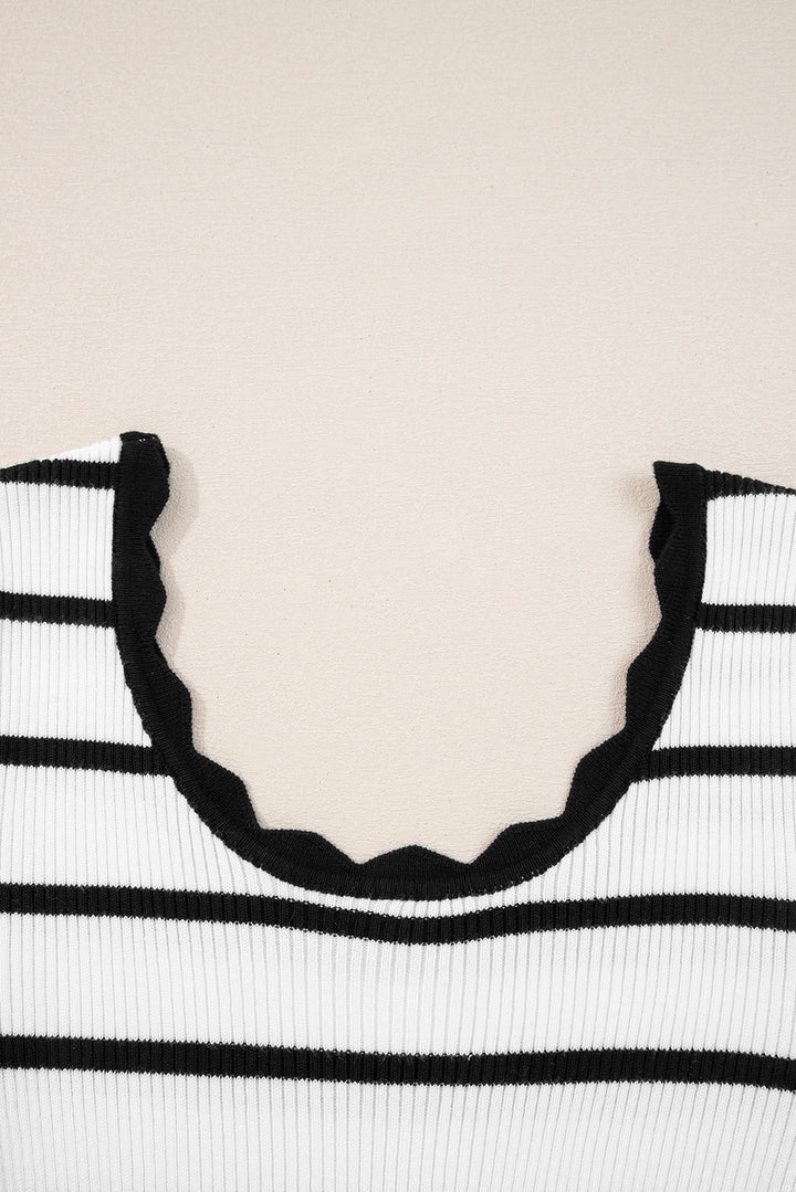 Scallop Sweetheart Ribbed Stripe Top – Black & White