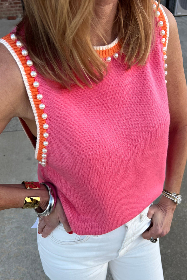 Pink Punch Pearl Trim Sweater Vest