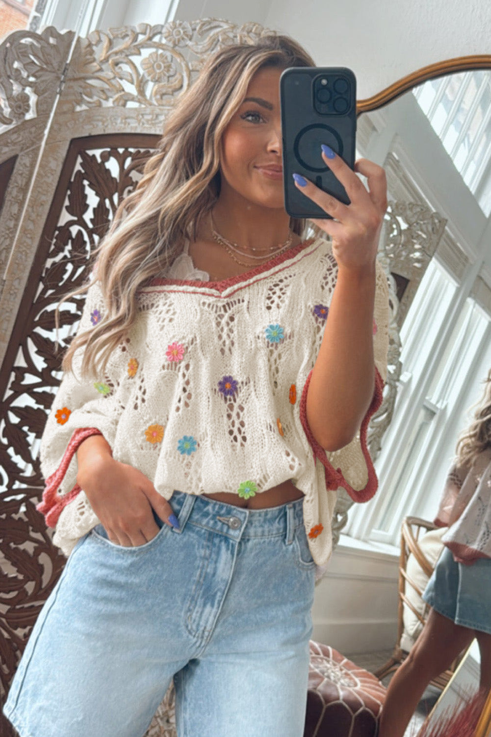 Sunset Bloom Confetti Daisy Crochet Sweater Top