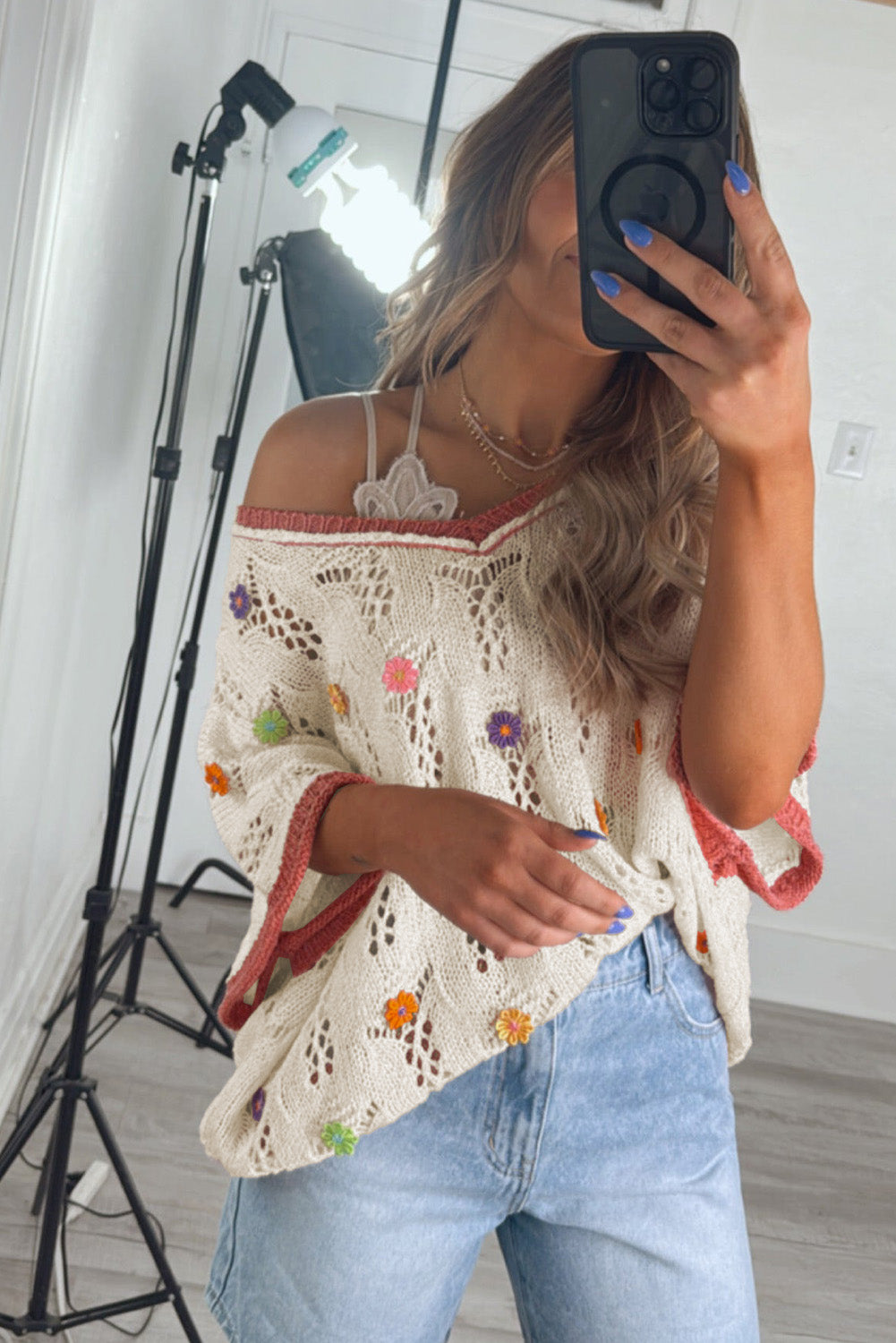 Sunset Bloom Confetti Daisy Crochet Sweater Top