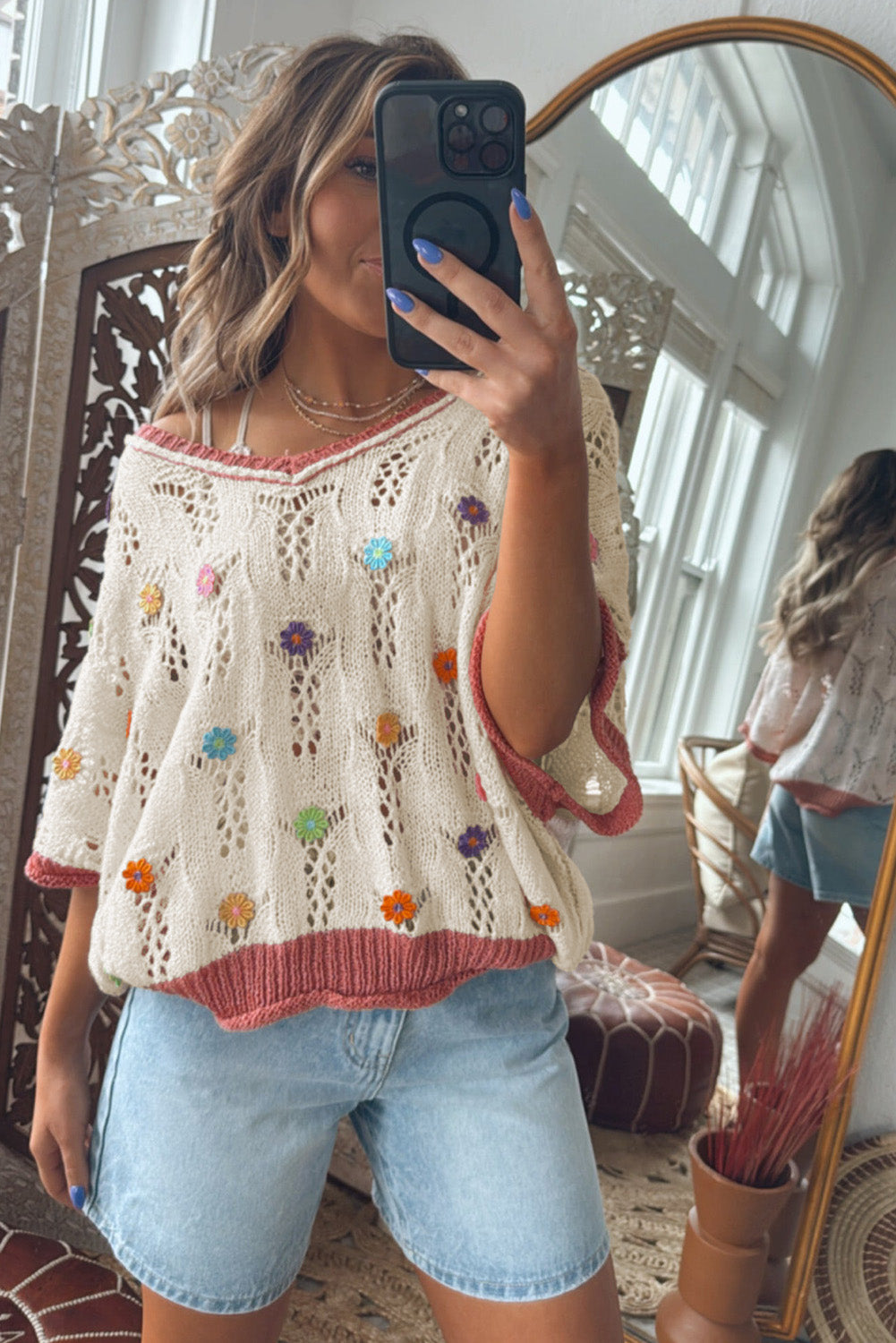 Sunset Bloom Confetti Daisy Crochet Sweater Top
