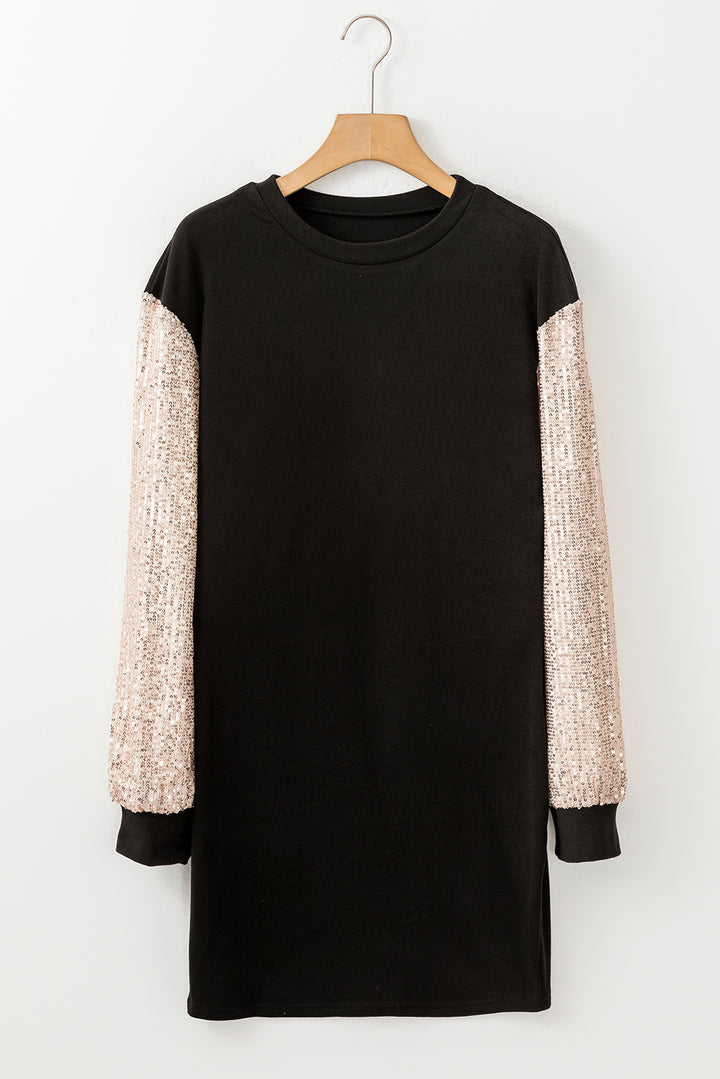 Midnight Sparkle Sequin-Sleeve Sweatshirt Dress (Black)