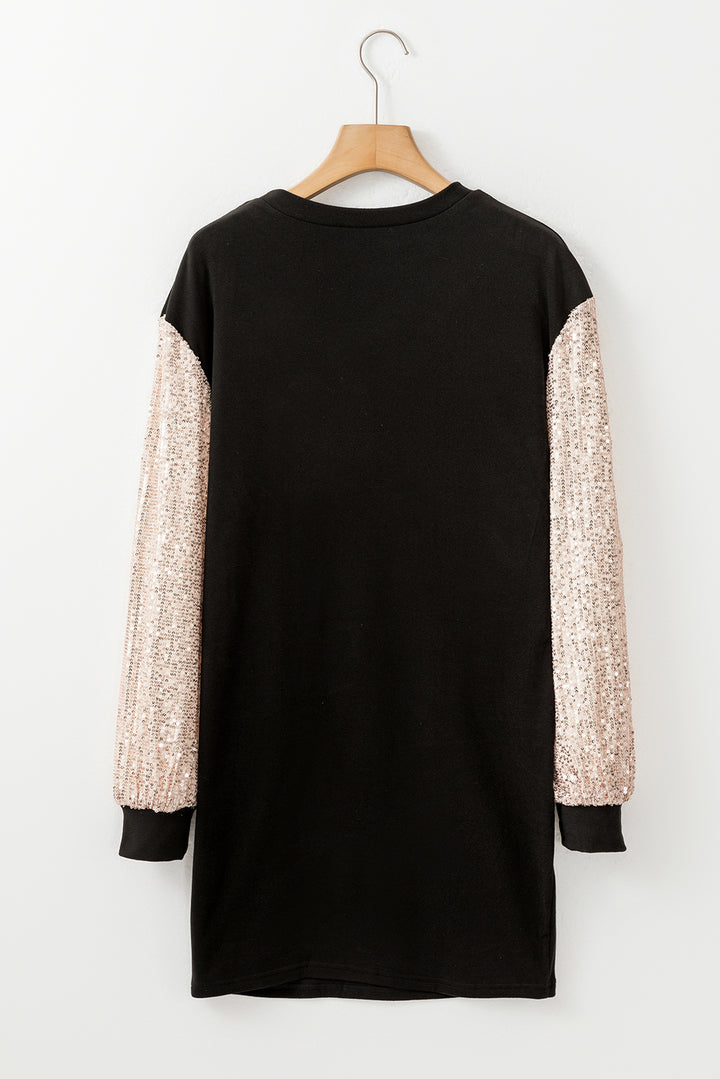 Midnight Sparkle Sequin-Sleeve Sweatshirt Dress (Black)