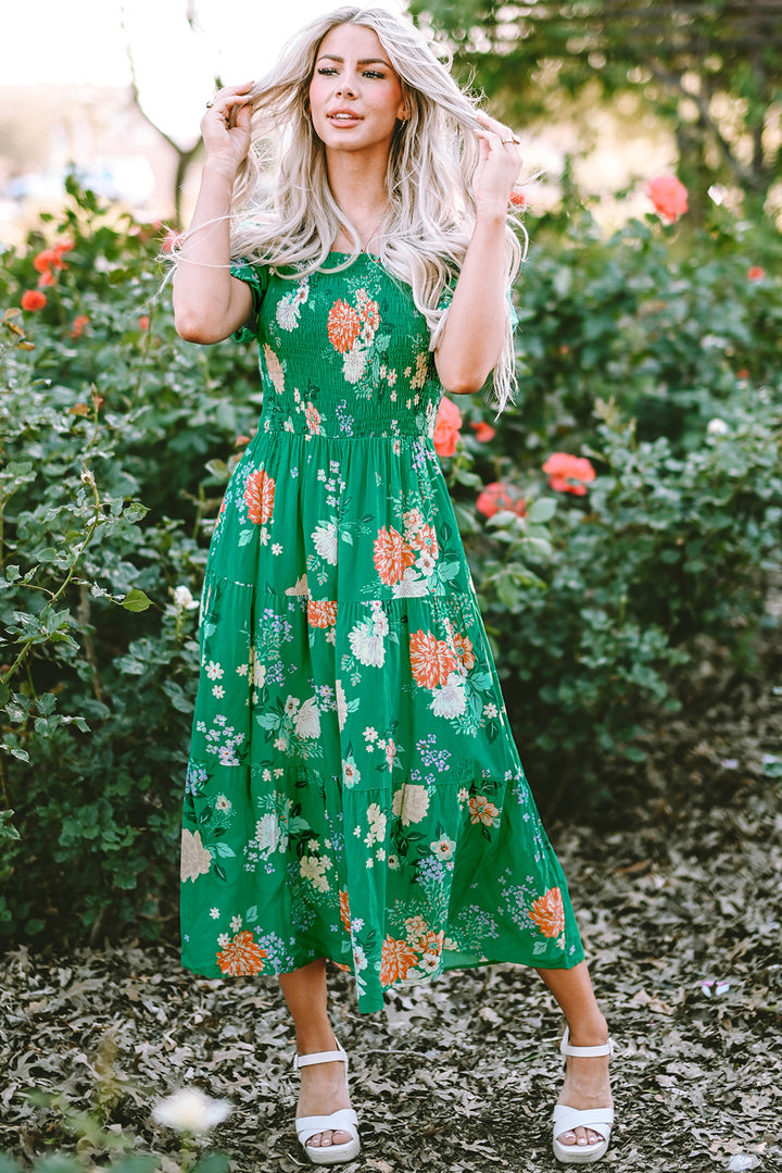 Bloom Boldly Smocked Midi Dress — Emerald Floral