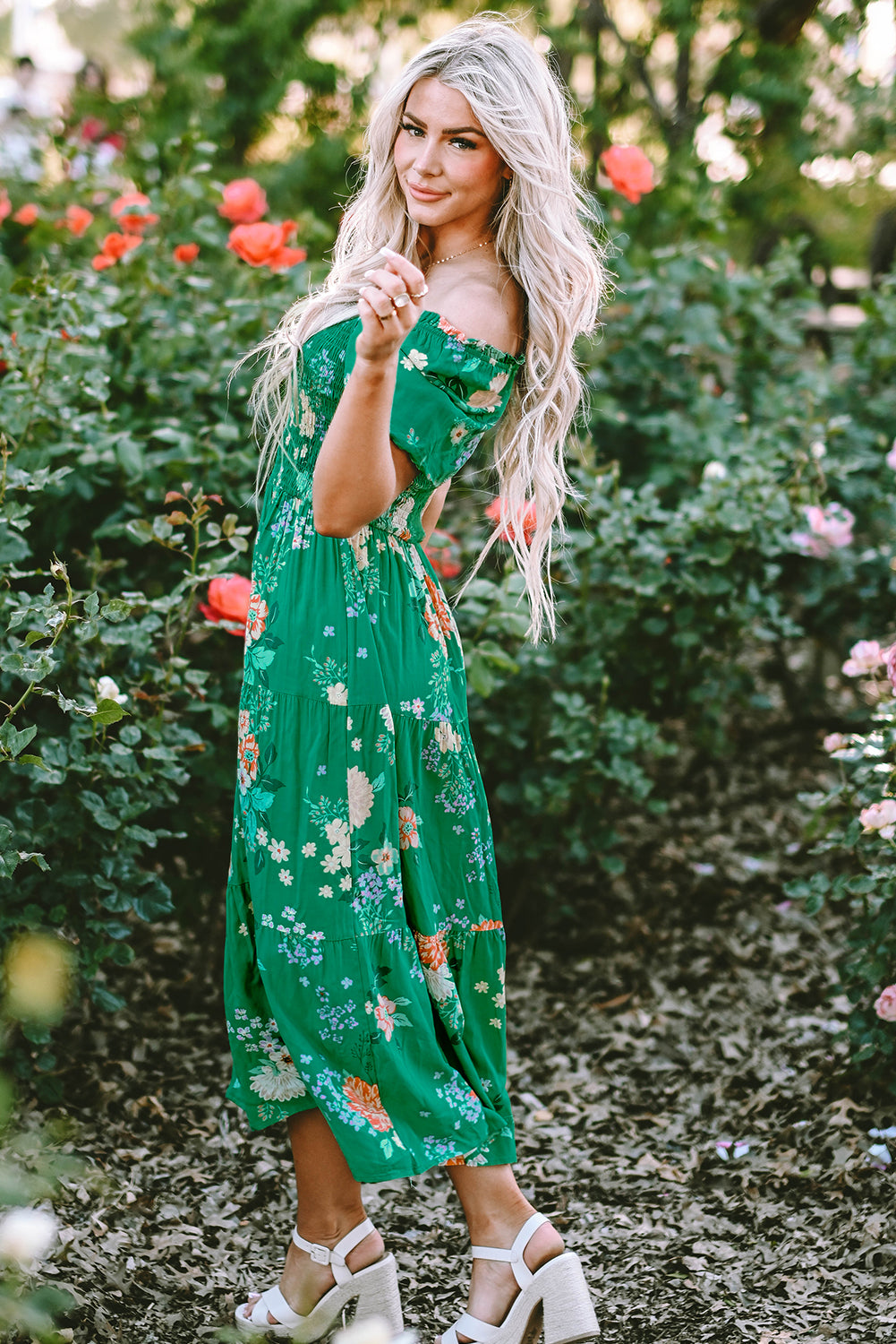 Bloom Boldly Smocked Midi Dress — Emerald Floral