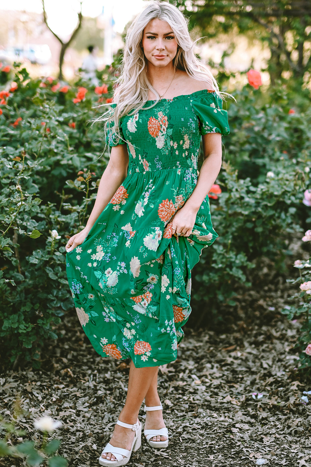 Bloom Boldly Smocked Midi Dress — Emerald Floral