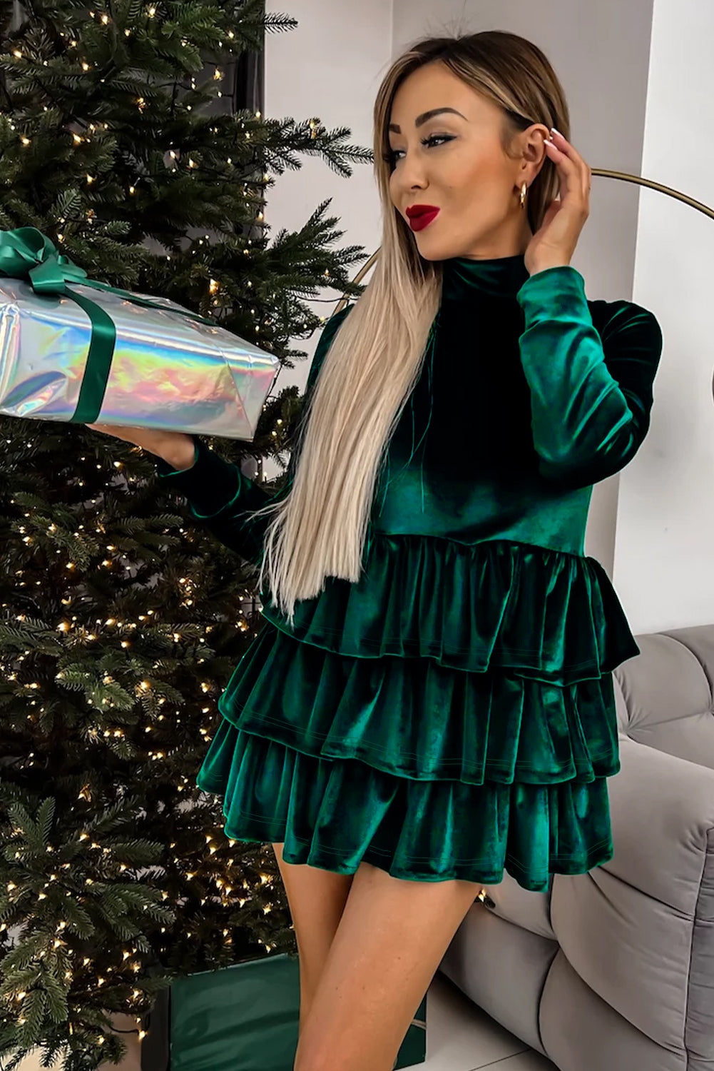 Emerald Velvet Tiered Ruffle Mini Dress – “Holiday Soirée”