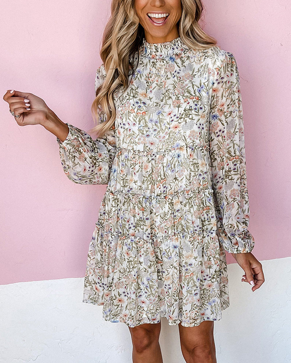 Floral Print Shirred Mock Neck Dress