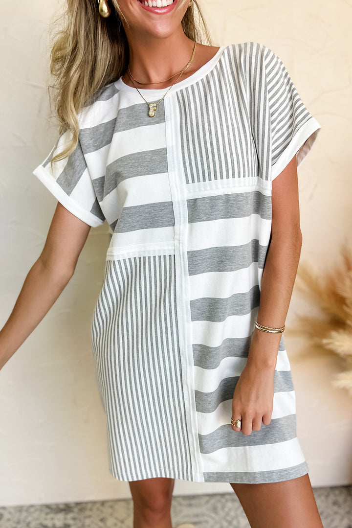 Patch It Up Stripe & Pinstripe T-Shirt Dress – Gray & White Mix