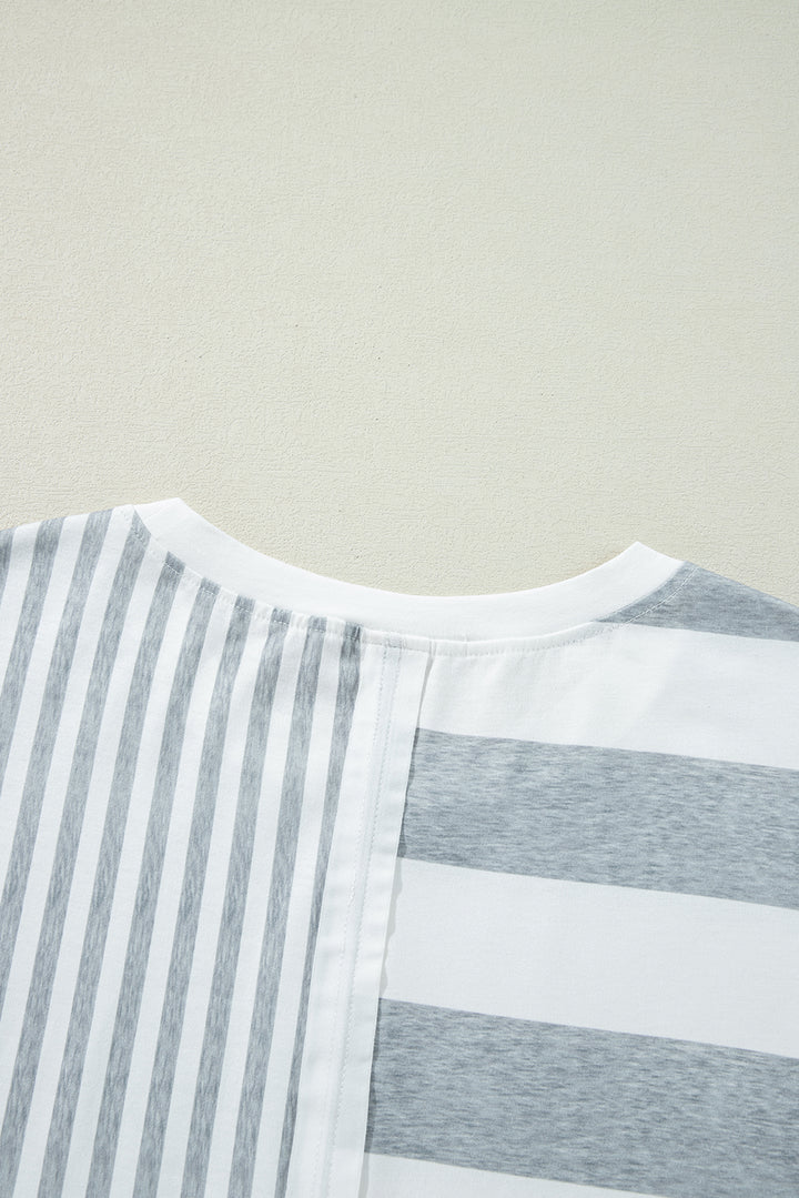 Patch It Up Stripe & Pinstripe T-Shirt Dress – Gray & White Mix
