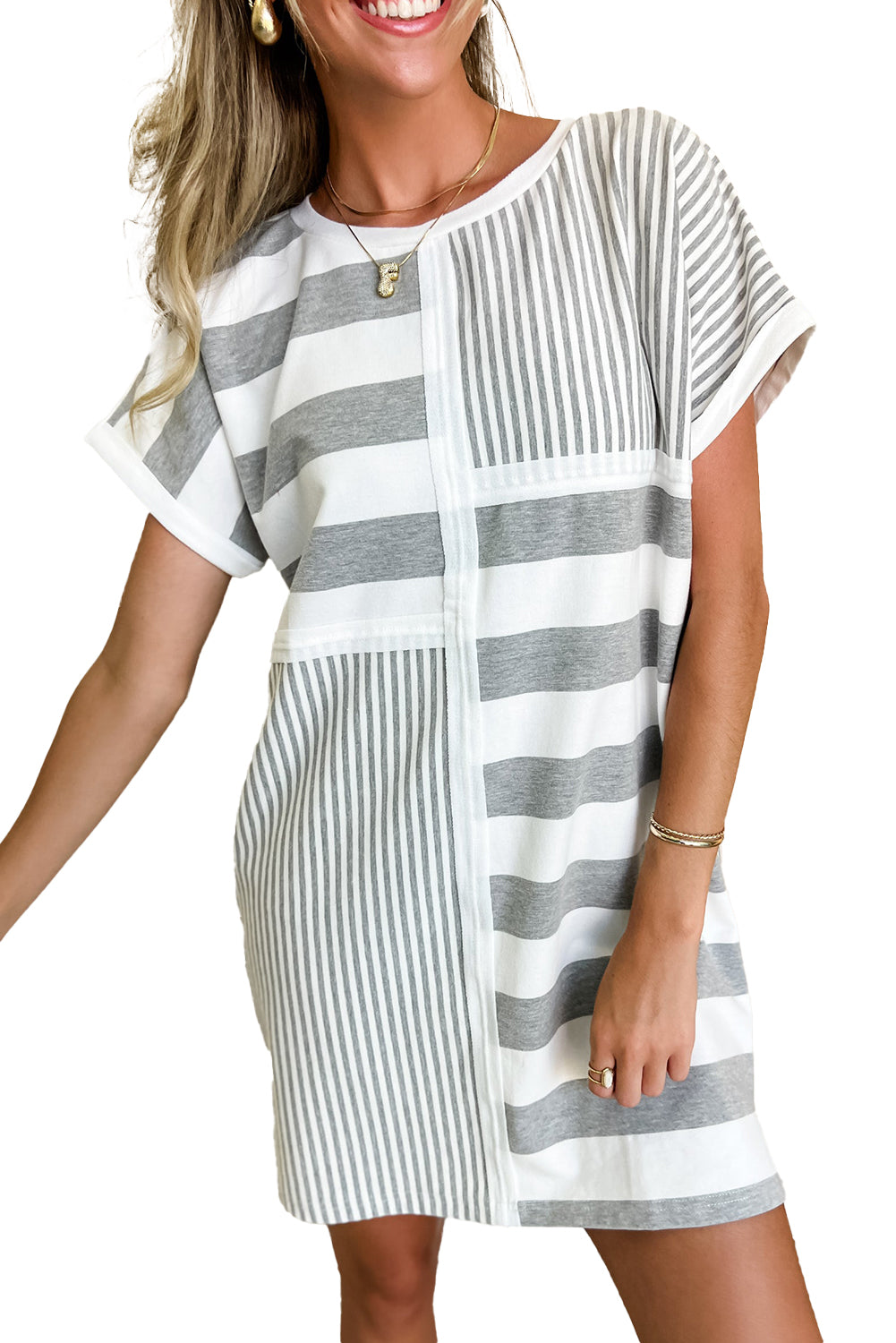 Patch It Up Stripe & Pinstripe T-Shirt Dress – Gray & White Mix