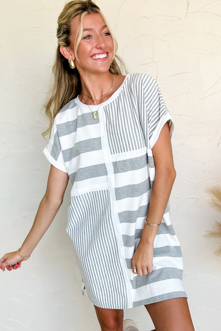 Patch It Up Stripe & Pinstripe T-Shirt Dress – Gray & White Mix