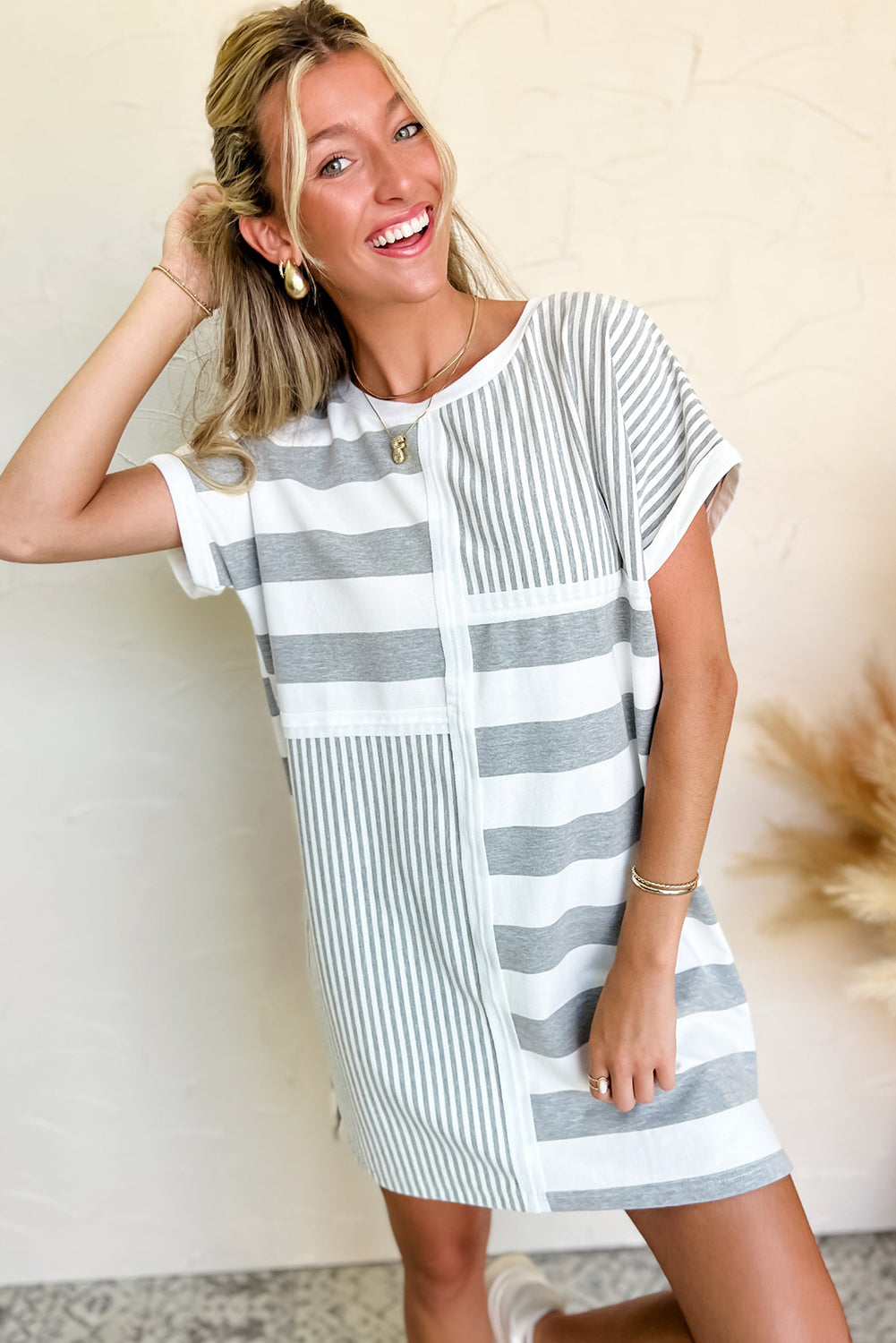 Patch It Up Stripe & Pinstripe T-Shirt Dress – Gray & White Mix