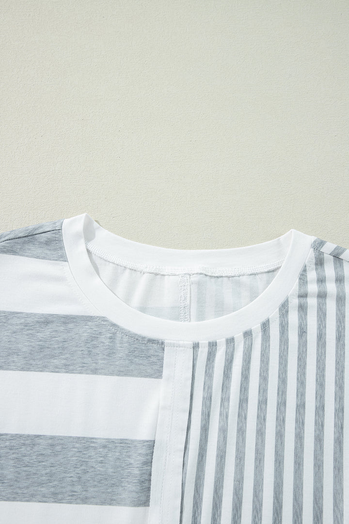 Patch It Up Stripe & Pinstripe T-Shirt Dress – Gray & White Mix