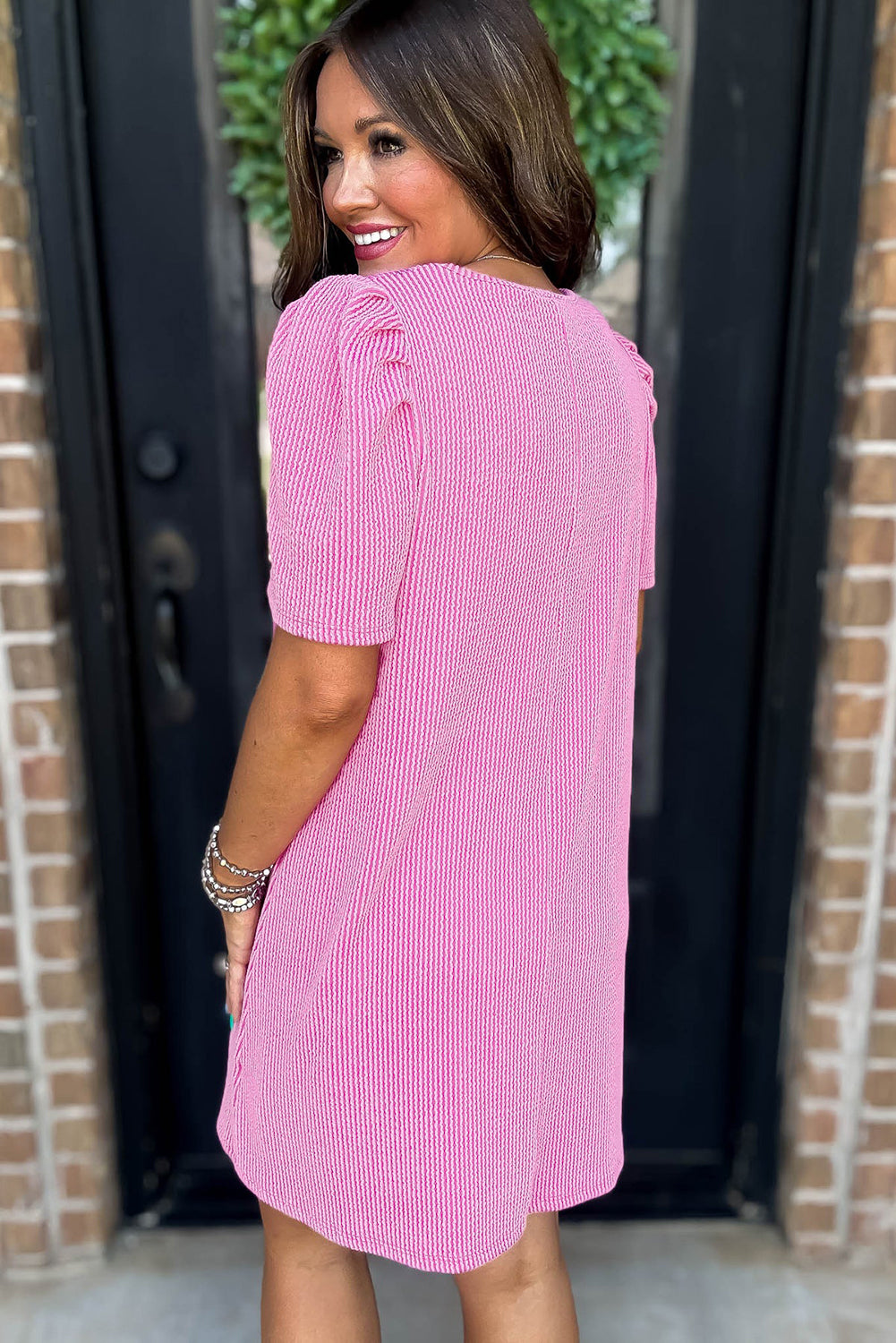 Peony Pink Textured Puff Sleeve Dress