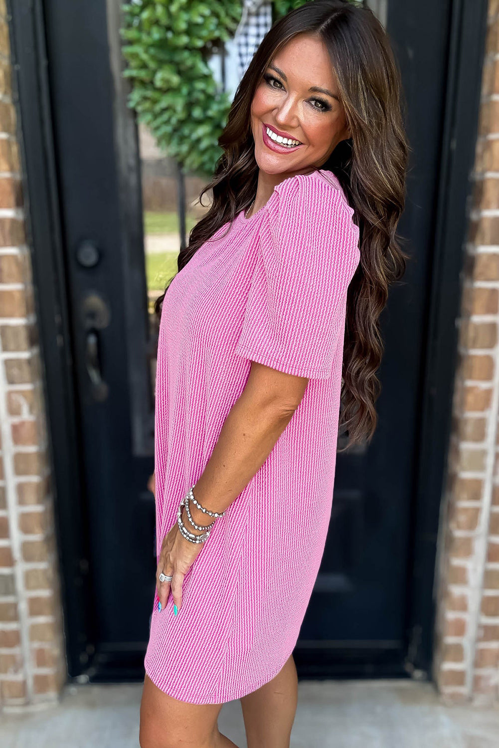 Peony Pink Textured Puff Sleeve Dress