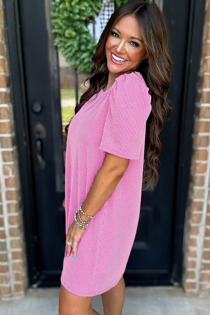 Peony Pink Textured Puff Sleeve Dress