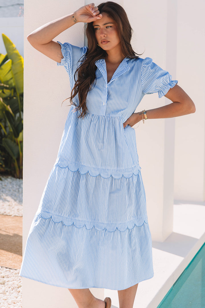 Everyday Ease Striped Scallop Midi Dress – Blue Sky