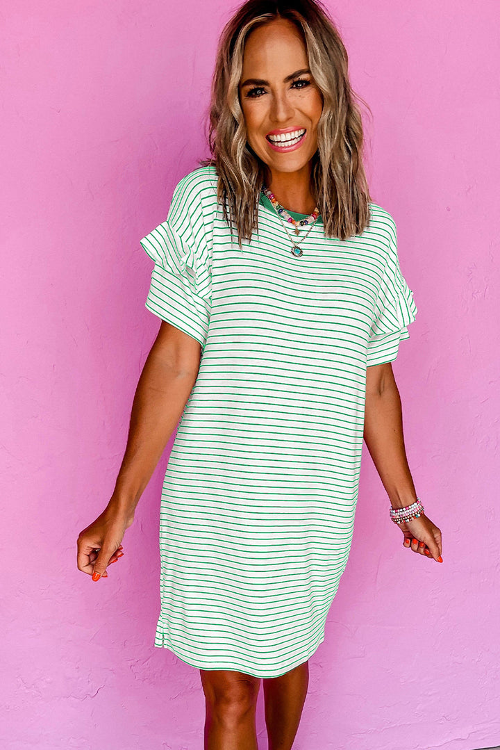 Minty Mood Striped Ruffle Sleeve Dress