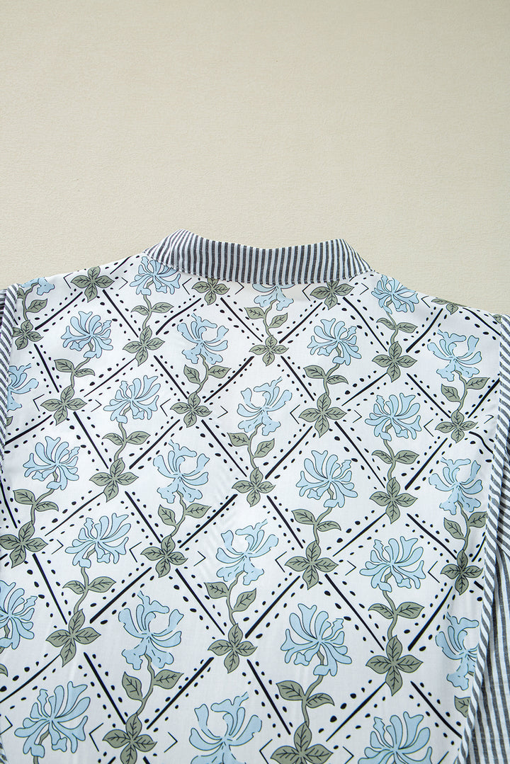 Black Stripe Floral Patchwork V Neck Shift Long Sleeve Mini Dress