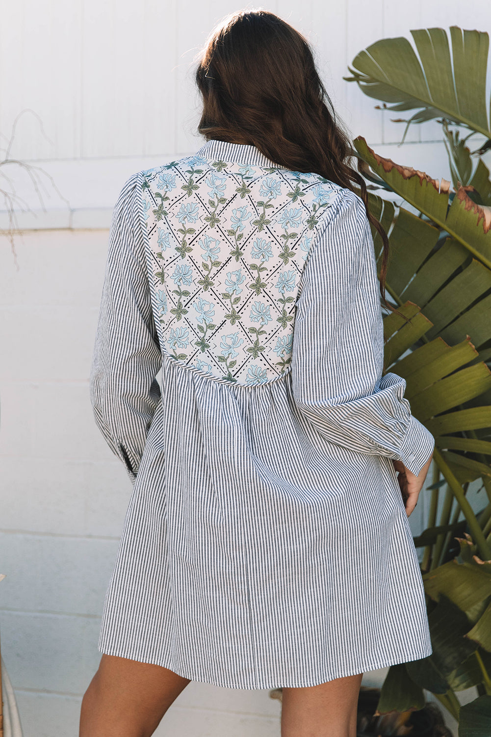 Black Stripe Floral Patchwork V Neck Shift Long Sleeve Mini Dress