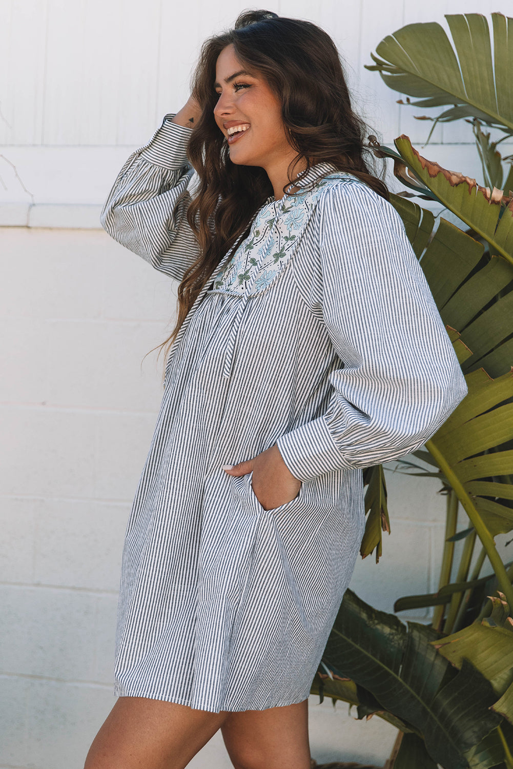 Black Stripe Floral Patchwork V Neck Shift Long Sleeve Mini Dress