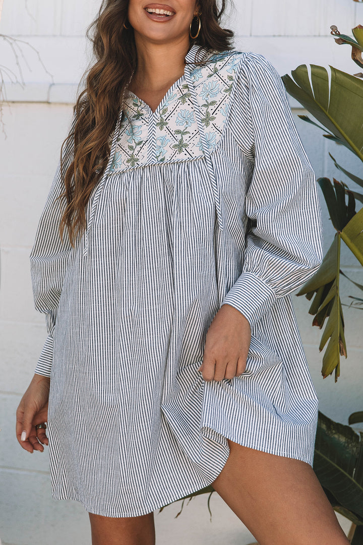 Black Stripe Floral Patchwork V Neck Shift Long Sleeve Mini Dress