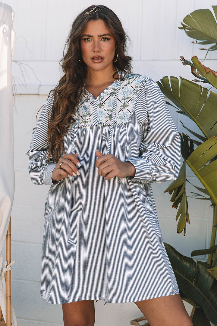 Black Stripe Floral Patchwork V Neck Shift Long Sleeve Mini Dress