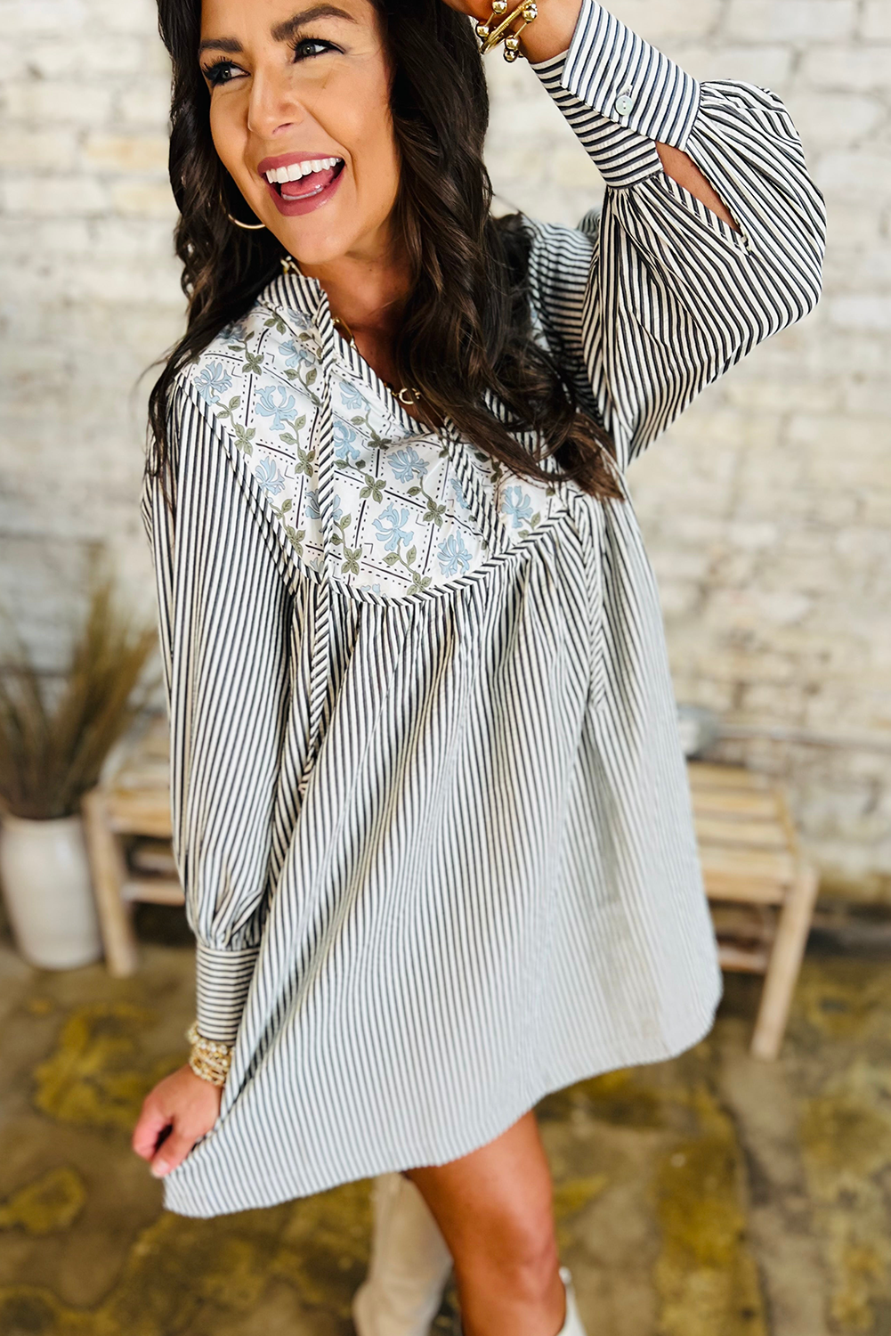 Black Stripe Floral Patchwork V Neck Shift Long Sleeve Mini Dress