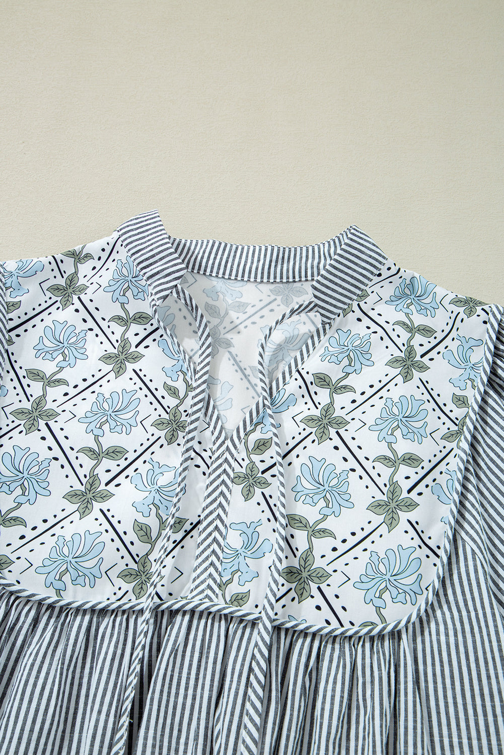 Black Stripe Floral Patchwork V Neck Shift Long Sleeve Mini Dress