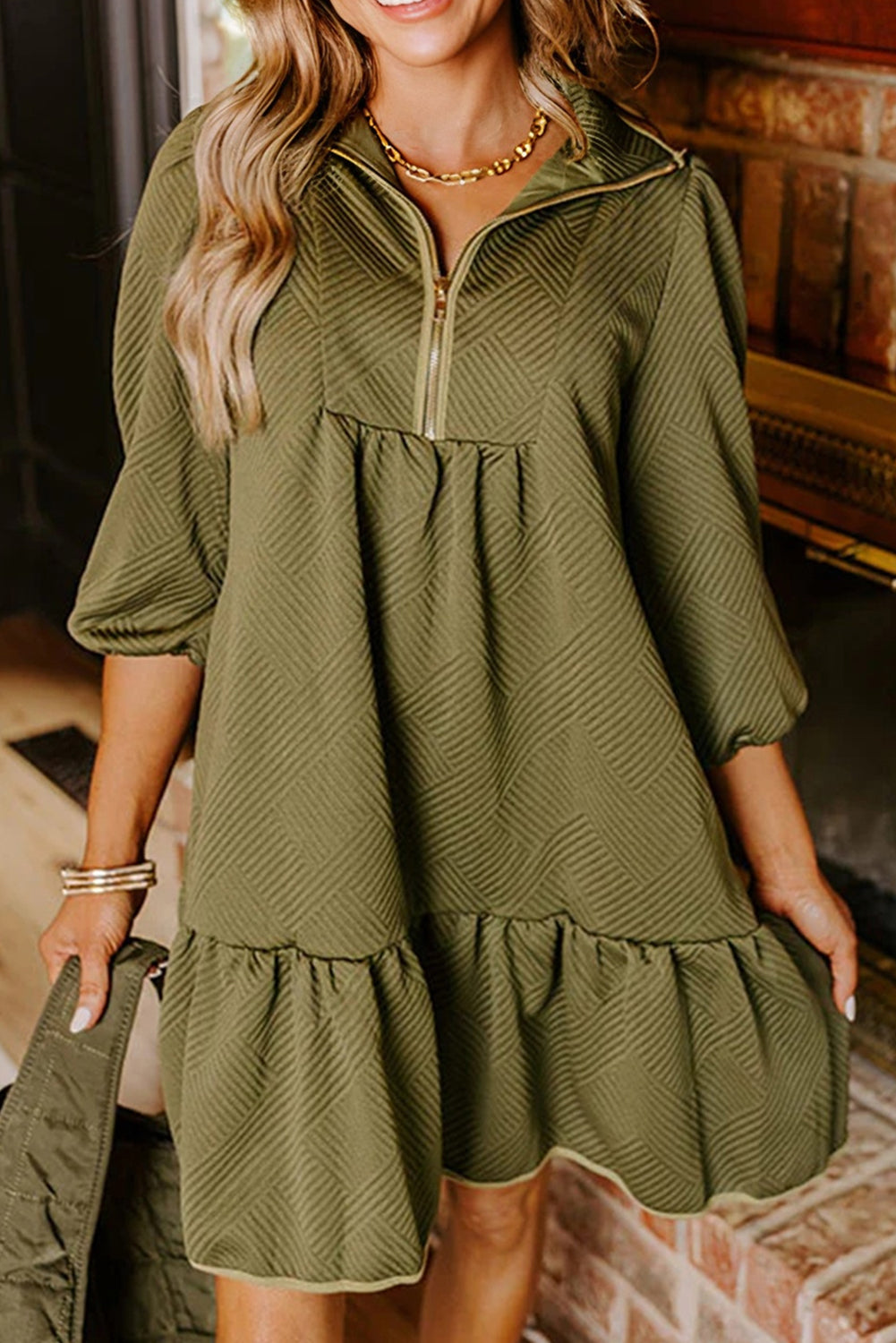 Olive Grove Quarter-Zip Textured Babydoll Dress