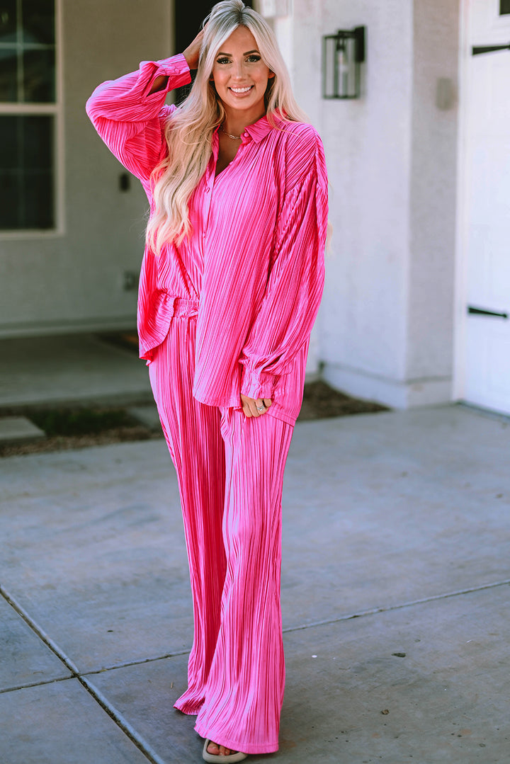 Hot Pink Pleated Power Set (Top + Pants)