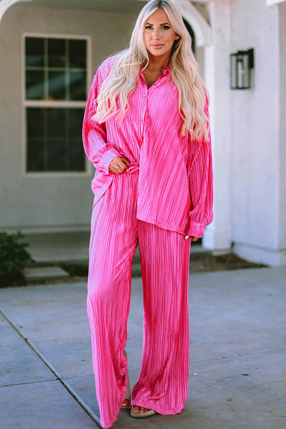 Hot Pink Pleated Power Set (Top + Pants)