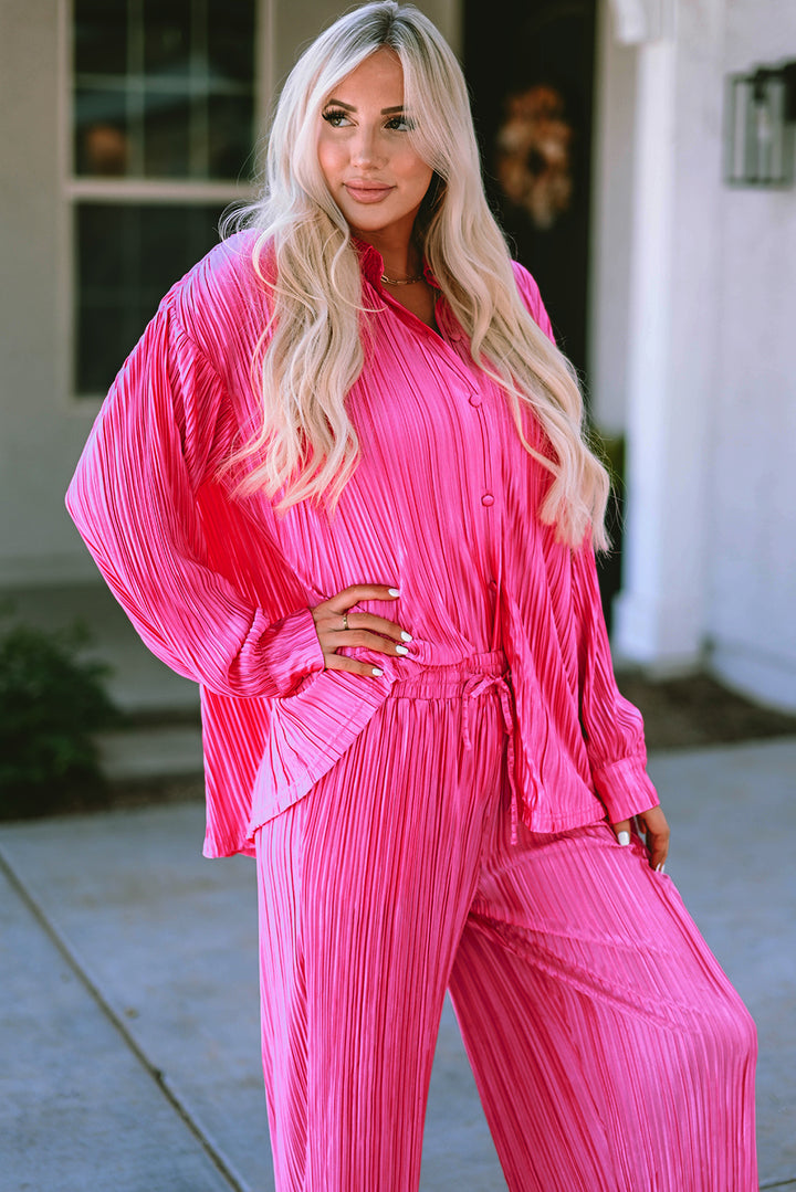Hot Pink Pleated Power Set (Top + Pants)