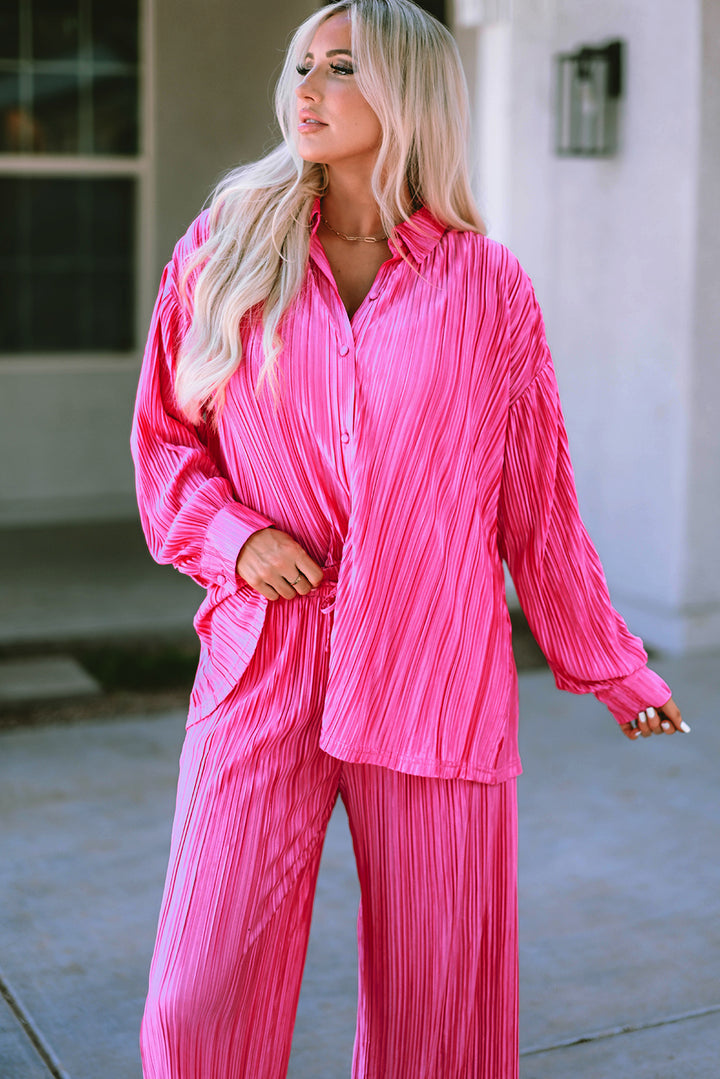 Hot Pink Pleated Power Set (Top + Pants)