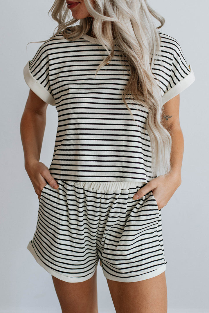 Chic & Comfy Striped Lounge Set – Two-Piece Knit Top & Shorts