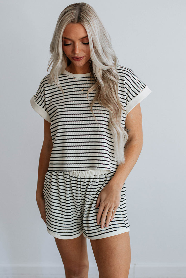 Chic & Comfy Striped Lounge Set – Two-Piece Knit Top & Shorts