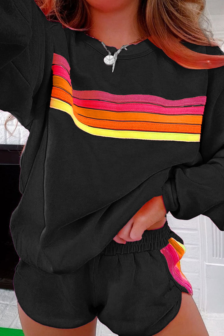 Black Colorful Striped Crewneck Sweatshirt and Shorts Two Piece Casual Set