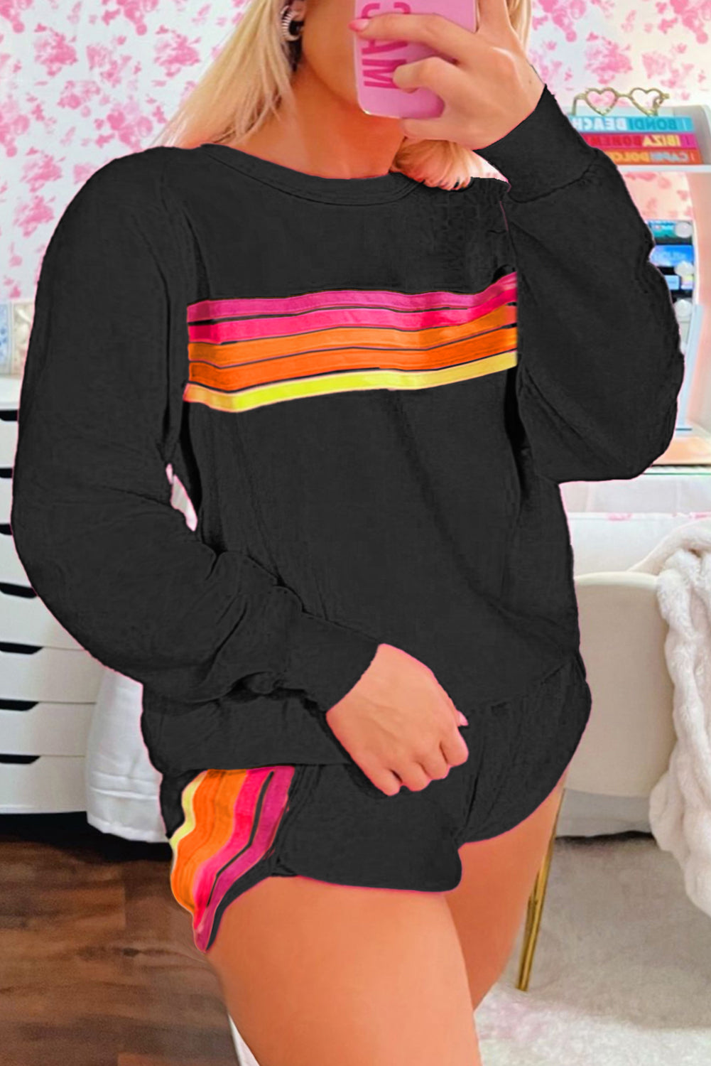 Black Colorful Striped Crewneck Sweatshirt and Shorts Two Piece Casual Set