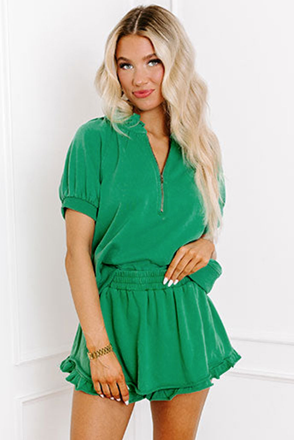 Summer-to-Fall Half-Zip Ruffle Skort Set — Emerald 💚