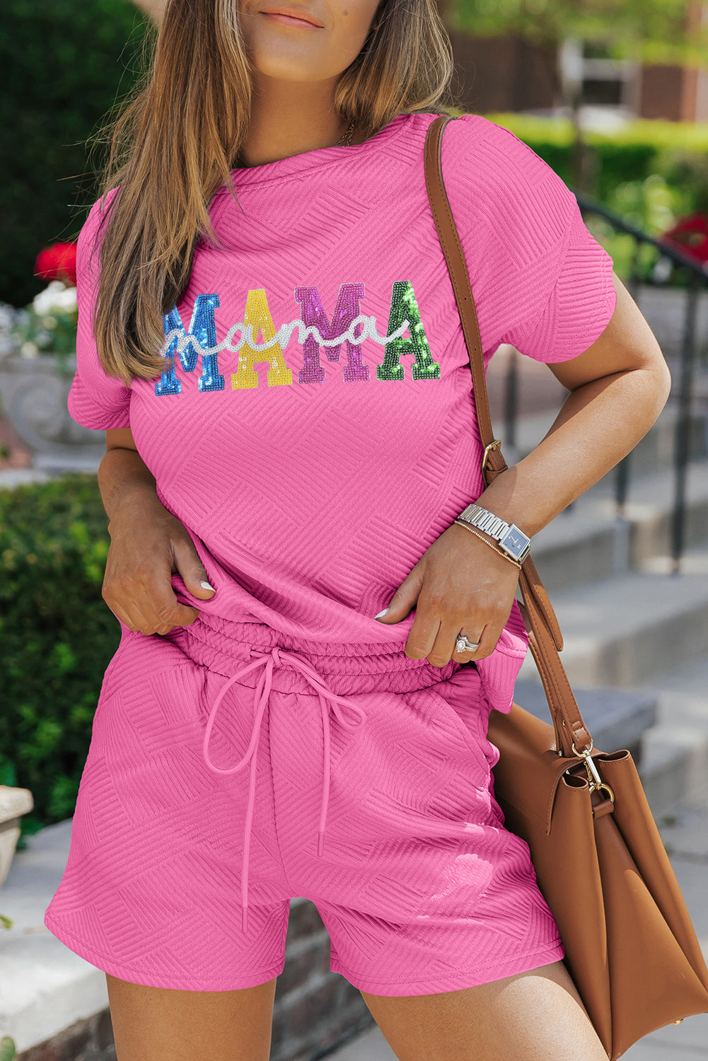 Hot Pink 2 Piece Textured Short Outfit with Sequined "MAMA" Graphic