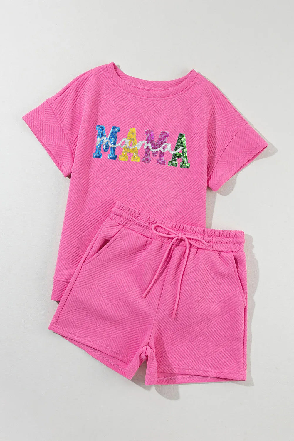Hot Pink 2 Piece Textured Short Outfit with Sequined "MAMA" Graphic